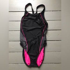 Women’s Speedo Pro Back One Piece Racing Suit Size 10 Black Grey Pink